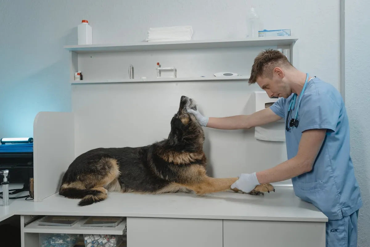 Veterinarian examining a German Shepherd